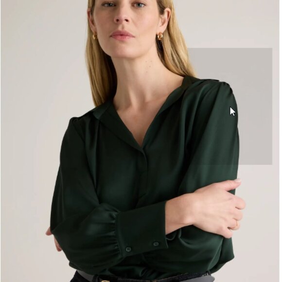 NWT - QUINCE Washable Stretch Silk Split Neck Blouse - Forest Green - Medium - Picture 3 of 7